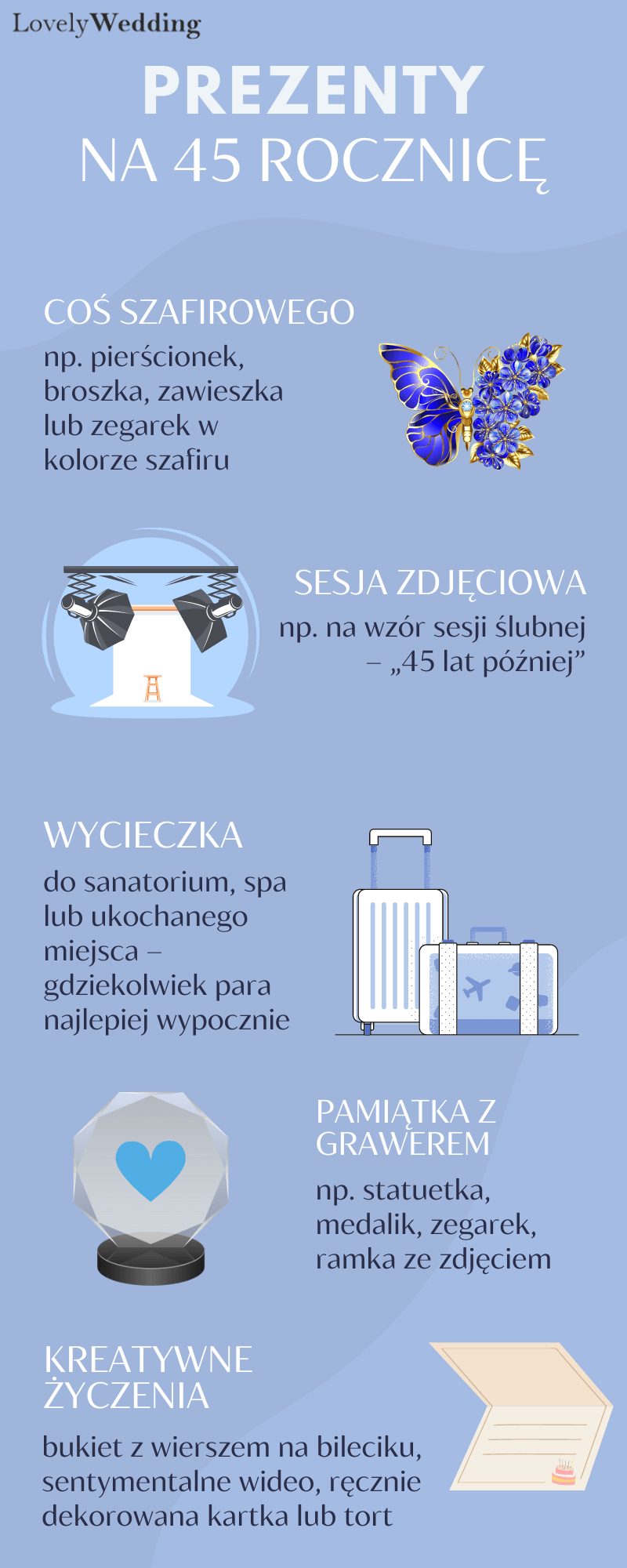 Prezenty na 45 rocznicę
1. Coś szafirowego, np. pierścionek, broszka, zawieszka lub zegarek w kolorze szafiru.
2. Sesja zdjęciowa, np. na wzór sesji ślubnej – „45 lat później”.
3. Wycieczka do sanatorium, spa lub ukochanego miejsca – gdziekolwiek para najlepiej wypocznie.
4. Pamiątka z grawerem, np. statuetka, medalik, zegarek, ramka ze zdjęciem.
5. Kreatywne życzenia, np. bukiet z wierszem na bileciku, sentymentalne wideo, ręcznie dekorowana kartka lub tort.