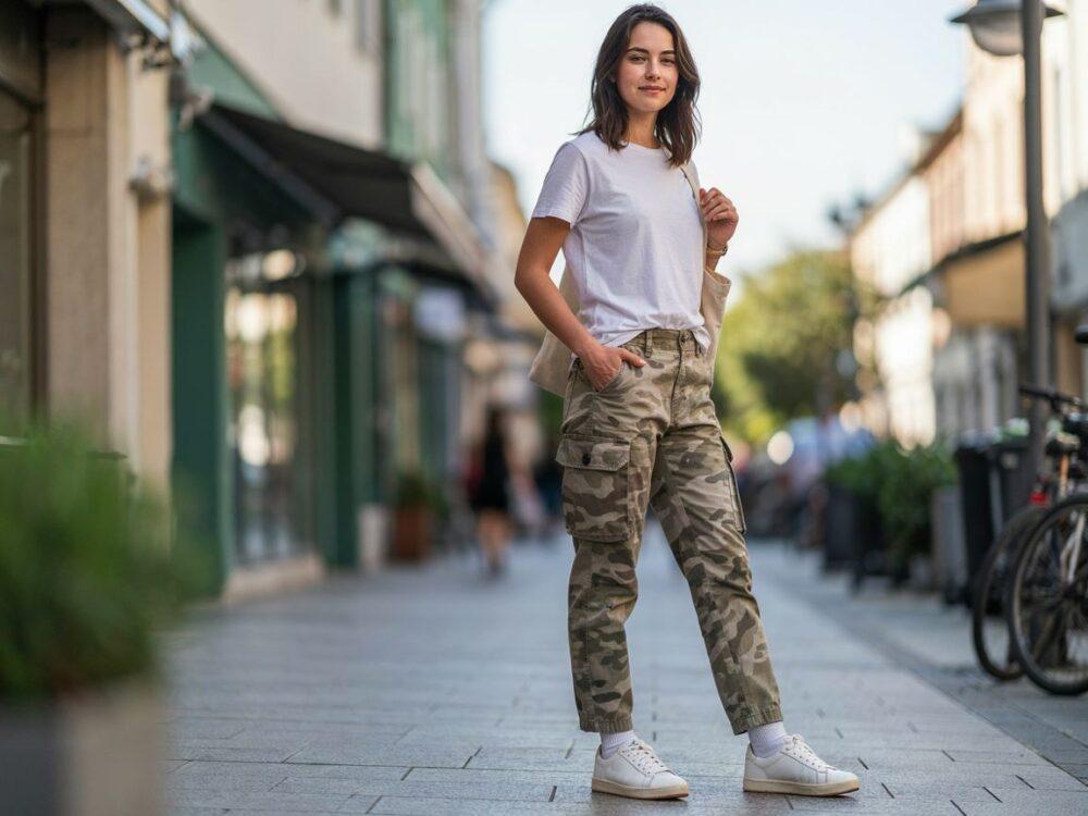 damska stylizacja z kurtką i spodniami moro